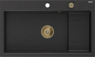 Mexen Omar kuchyňský dřez z granitu, 1-komorový 800 x 480 mm, černý/stříbrný metalický, sifon zlatý - 6520801005-73-G