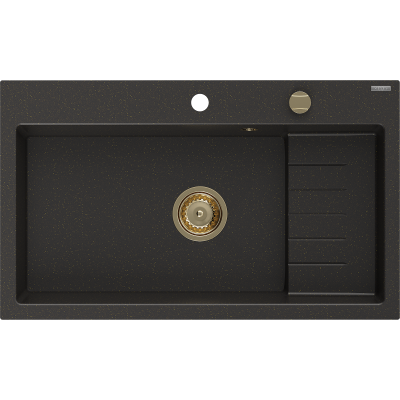Mexen Omar granitový dřez 1-komorový 800 x 480 mm, černý/zlatý metalik, sifon zlatý - 6520801005-75-G