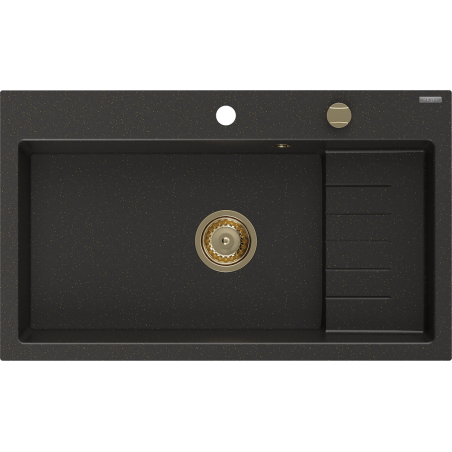 Mexen Omar granitový dřez 1-komorový 800 x 480 mm, černý/zlatý metalik, sifon zlatý - 6520801005-75-G