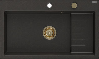 Mexen Omar granitový dřez 1-komorový 800 x 480 mm, černý/zlatý metalik, sifon zlatý - 6520801005-75-G
