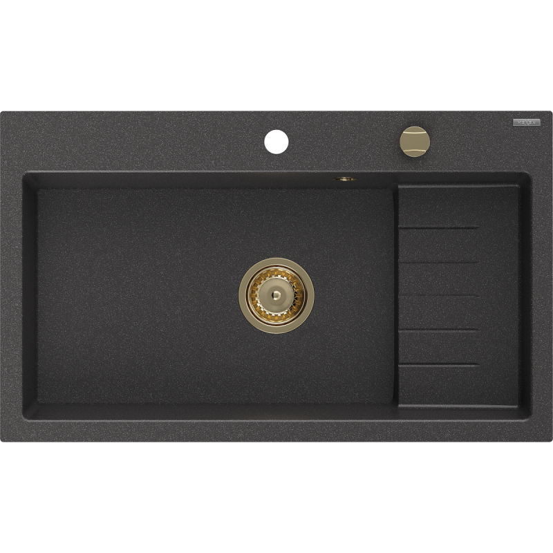 Mexen Omar dřez granitový 1-komorový 800 x 480 mm, černý tečkovaný, sifon zlatý - 6520801005-76-G
