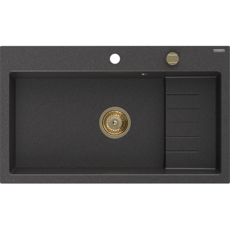 Mexen Omar dřez granitový 1-komorový 800 x 480 mm, černý tečkovaný, sifon zlatý - 6520801005-76-G