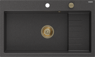 Mexen Omar dřez granitový 1-komorový 800 x 480 mm, černý tečkovaný, sifon zlatý - 6520801005-76-G