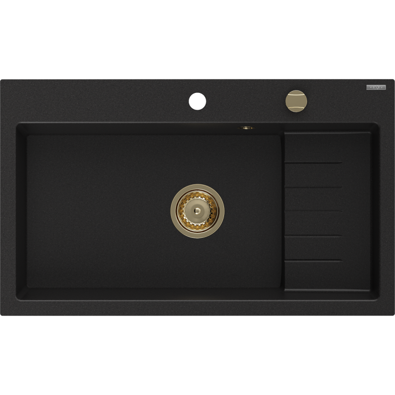 Mexen Omar granitový dřez 1-komorový 800 x 480 mm, černý, zlatý sifon - 6520801005-77-G