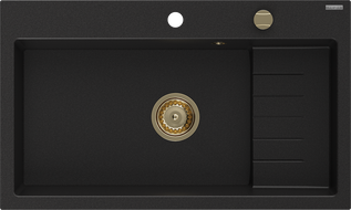 Mexen Omar granitový dřez 1-komorový 800 x 480 mm, černý, zlatý sifon - 6520801005-77-G