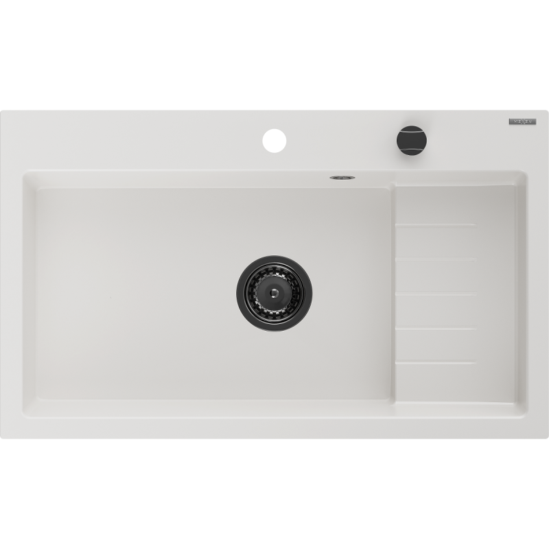 Mexen Omar granitový dřez 1-komorový 800 x 480 mm, bílý, černý sifon - 6520801005-20-B