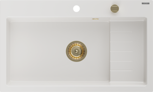 Mexen Omar granitový dřez 1-komorový 800 x 480 mm, bílý, sifon zlatý - 6520801005-20-G