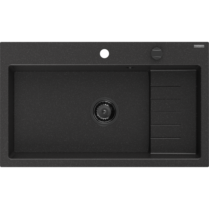 Mexen Omar žulový dřez 1-komorový 800 x 480 mm, černý/stříbrný metalický, černý sifon - 6520801005-73-B