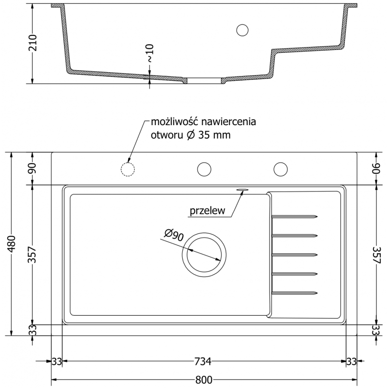 Mexen Omar žulový dřez 1-komorový 800 x 480 mm, černý, černý sifon - 6520801005-77-B