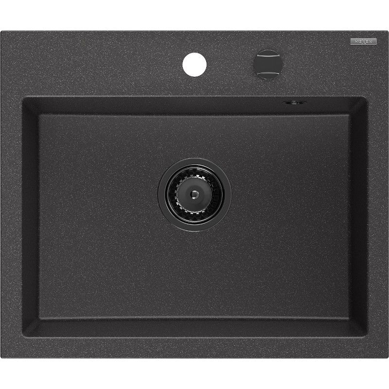 Mexen Oscar granitový dřez 1-komorový 580 x 490 mm, černý skvrnitý, černý sifon - 6519581000-76-B