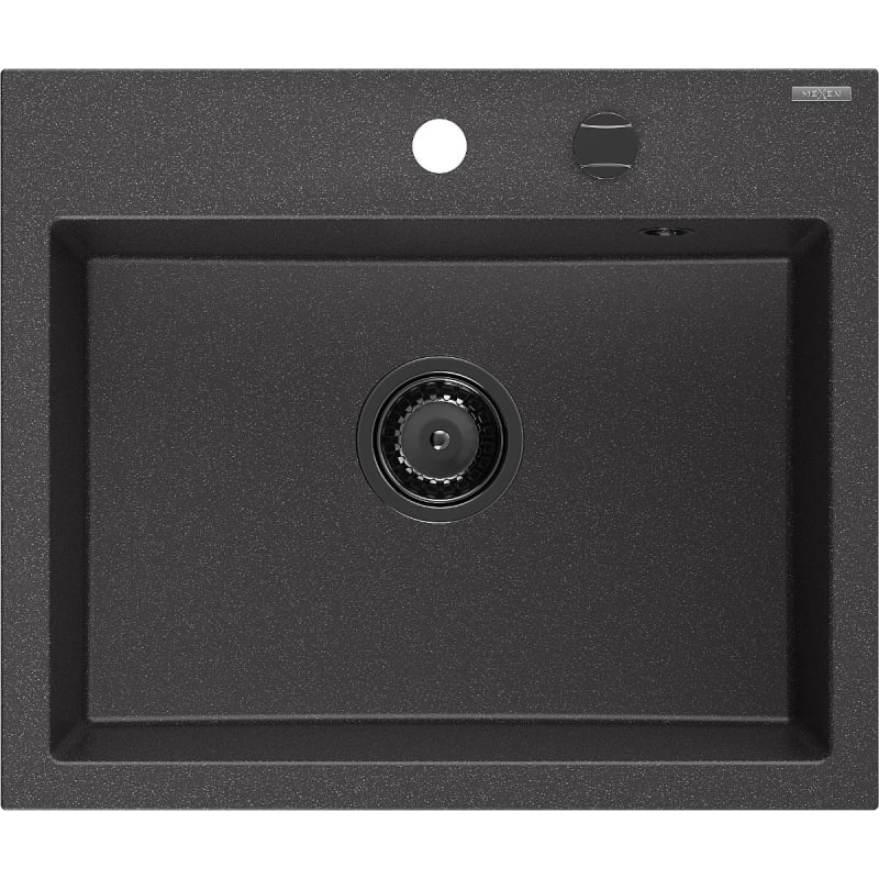 Mexen Oscar granitový dřez 1-komorový 580 x 490 mm, černý tečkovaný, černý sifon - 6519581000-76-B