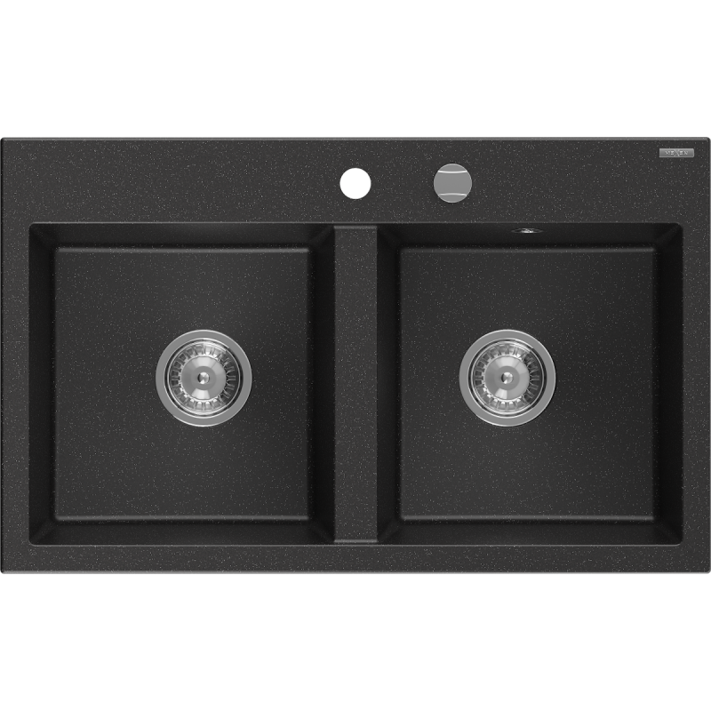 Mexen Hektor dvoukomorový granitový dřez 800 x 480 mm, černý/stříbrný metalik, sifon chrom - 6521802000-73