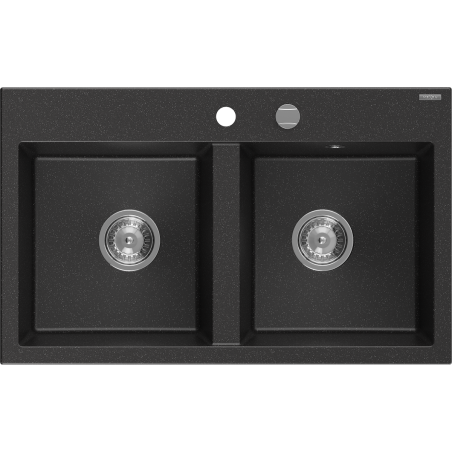 Mexen Hektor dvoukomorový granitový dřez 800 x 480 mm, černý/stříbrný metalik, sifon chrom - 6521802000-73