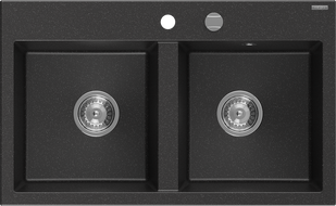 Mexen Hektor dvoukomorový granitový dřez 800 x 480 mm, černý/stříbrný metalik, sifon chrom - 6521802000-73