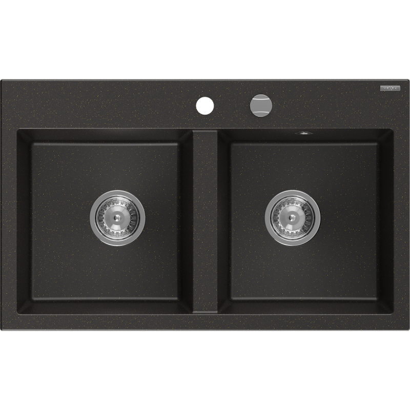 Mexen Hektor granitový dřez s 2 komorami 800 x 480 mm, černý/zlatý metalik, chromový sifon - 6521802000-75