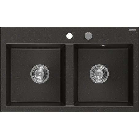 Mexen Hektor granitový dřez s 2 komorami 800 x 480 mm, černý/zlatý metalik, chromový sifon - 6521802000-75