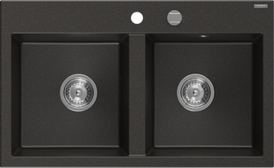 Mexen Hektor granitový dřez s 2 komorami 800 x 480 mm, černý/zlatý metalik, chromový sifon - 6521802000-75
