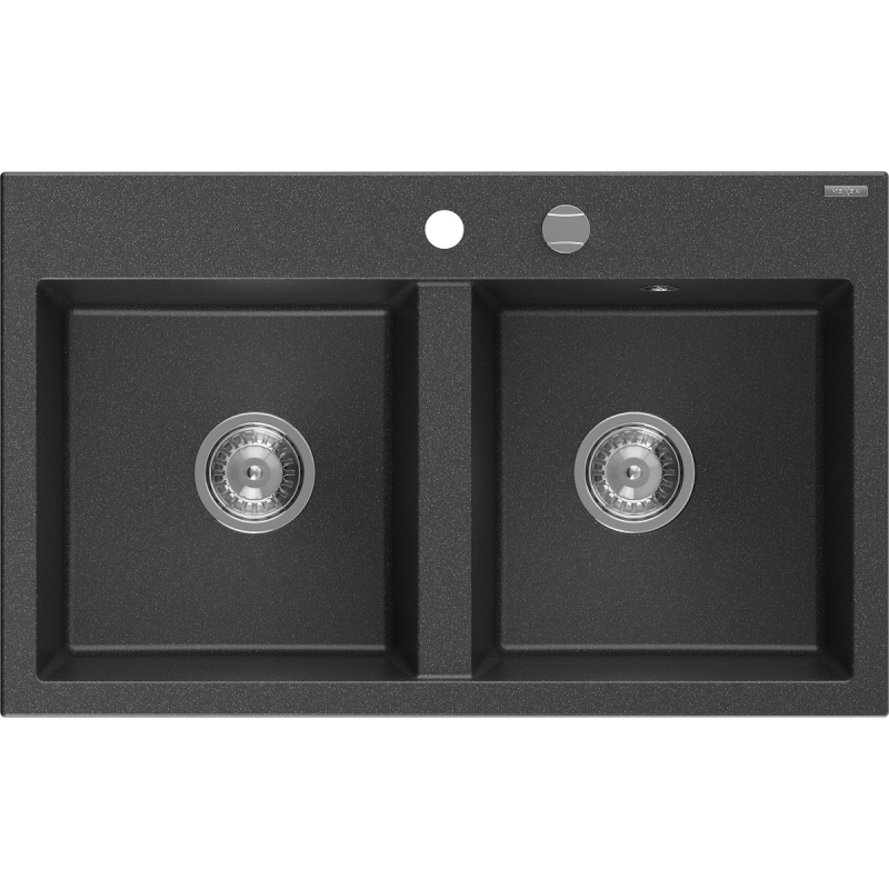 Mexen Hektor žulový dřez 2-komorový 800 x 480 mm, černý skvrnitý, sifon chrom - 6521802000-76