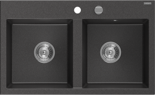 Mexen Hektor žulový dřez 2-komorový 800 x 480 mm, černý skvrnitý, sifon chrom - 6521802000-76