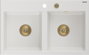 Mexen Hektor granitový dřez 2komorový 800 x 480 mm, bílý, sifon zlatý - 6521802000-20-G