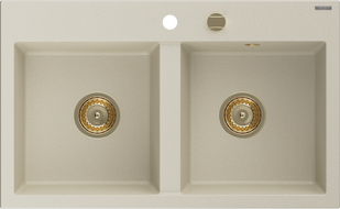 Mexen Hektor žulový dřez 2-komorový 800 x 480 mm, béžový, sifon zlatý - 6521802000-69-G