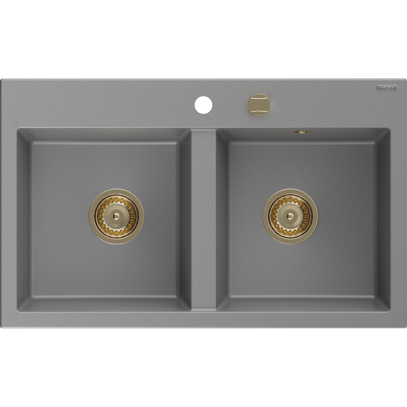 Mexen Hektor dvoukomorový granitový dřez 800 x 480 mm, šedý, zlatý sifon - 6521802000-71-G