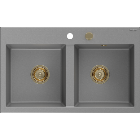 Mexen Hektor dvoukomorový granitový dřez 800 x 480 mm, šedý, zlatý sifon - 6521802000-71-G