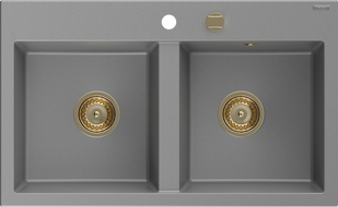 Mexen Hektor dvoukomorový granitový dřez 800 x 480 mm, šedý, zlatý sifon - 6521802000-71-G