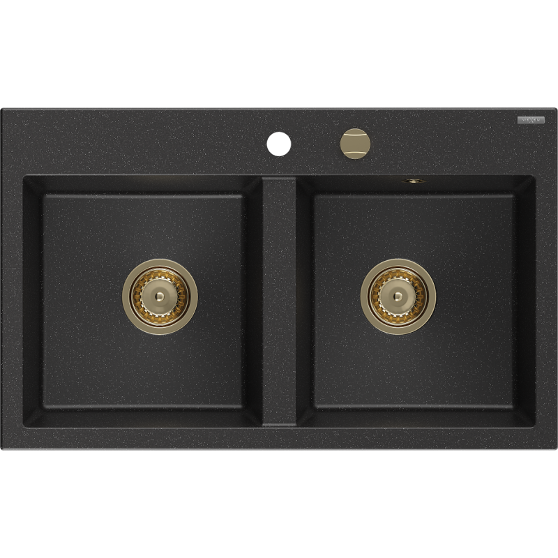 Mexen Hektor dřez z granitu 2-komorový 800 x 480 mm, černý/stříbrný metalik, sifon zlatý - 6521802000-73-G