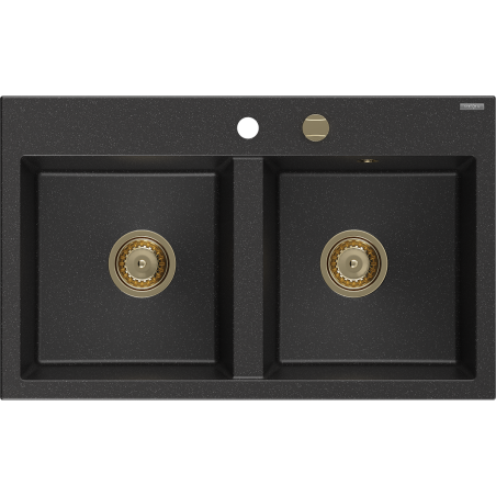 Mexen Hektor dřez z granitu 2-komorový 800 x 480 mm, černý/stříbrný metalik, sifon zlatý - 6521802000-73-G