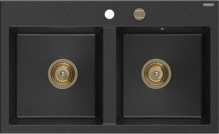 Mexen Hektor dřez z granitu 2-komorový 800 x 480 mm, černý/stříbrný metalik, sifon zlatý - 6521802000-73-G
