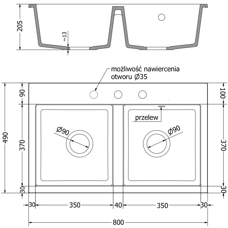 Mexen Hektor granitový dřez 2-komorový 800 x 480 mm, černý/zlatý metalický, sifon zlatý - 6521802000-75-G