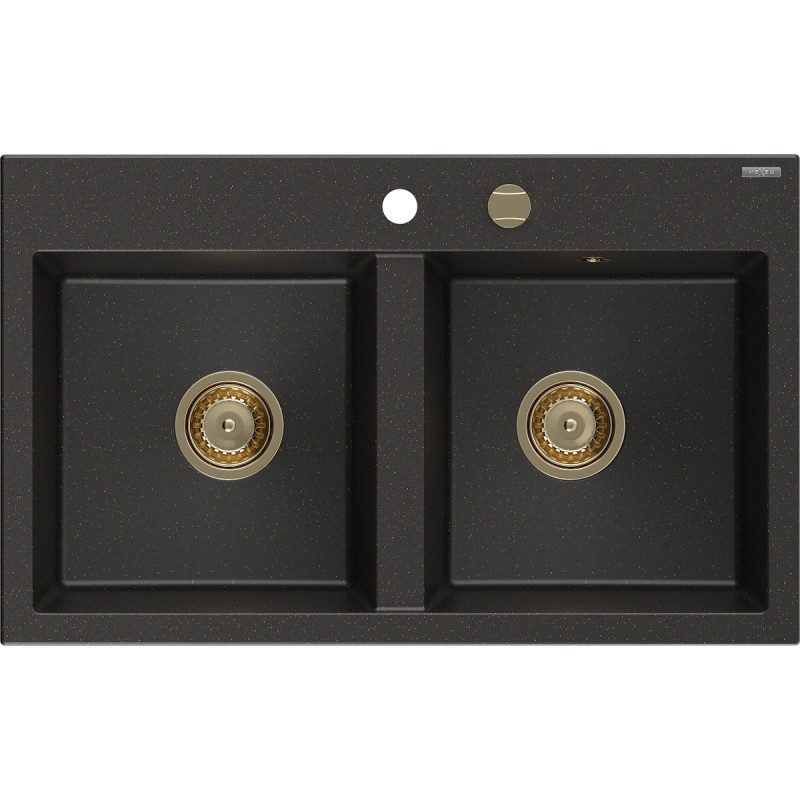Mexen Hektor granitový dřez 2-komorový 800 x 480 mm, černý/zlatý metalický, sifon zlatý - 6521802000-75-G