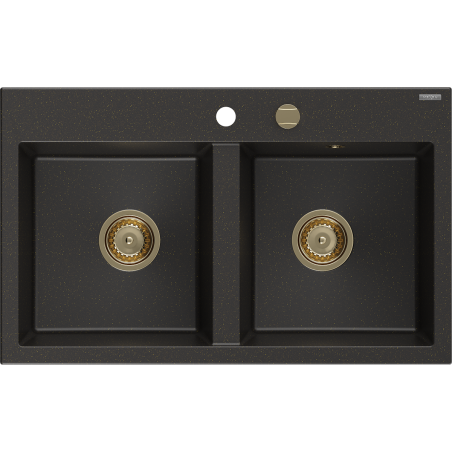 Mexen Hektor granitový dřez 2-komorový 800 x 480 mm, černý/zlatý metalický, sifon zlatý - 6521802000-75-G