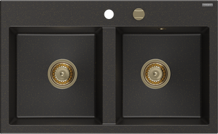Mexen Hektor granitový dřez 2-komorový 800 x 480 mm, černý/zlatý metalický, sifon zlatý - 6521802000-75-G