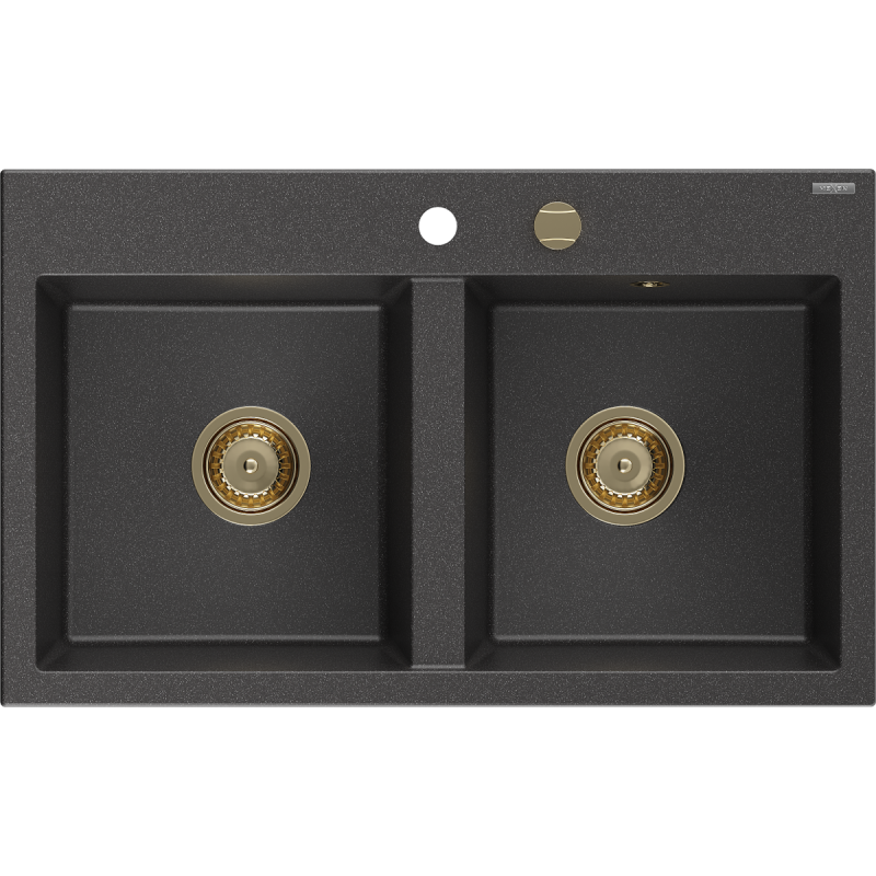 Mexen Hektor granitový dřez 2-komorový 800 x 480 mm, černý tečkovaný, sifon zlatý - 6521802000-76-G