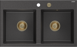 Mexen Hektor granitový dřez 2-komorový 800 x 480 mm, černý tečkovaný, sifon zlatý - 6521802000-76-G