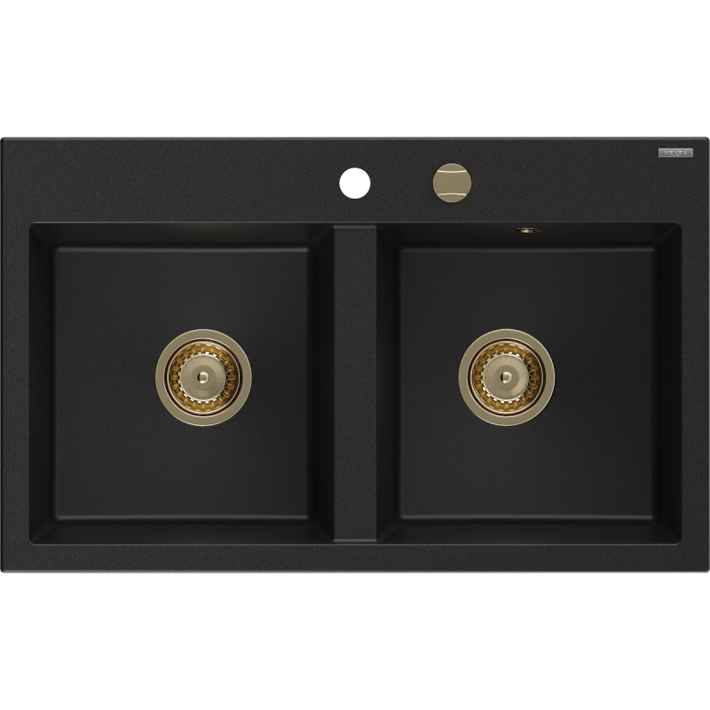 Mexen Hektor žulový dřez 2-komorový 800 x 480 mm, černý, sifon zlatý - 6521802000-77-G