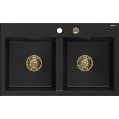 Mexen Hektor žulový dřez 2-komorový 800 x 480 mm, černý, sifon zlatý - 6521802000-77-G