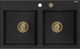 Mexen Hektor žulový dřez 2-komorový 800 x 480 mm, černý, sifon zlatý - 6521802000-77-G