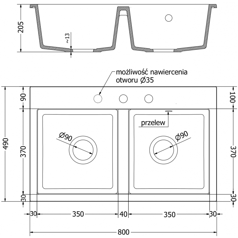 Mexen Hektor granitový dřez 2-komorový 800 x 480 mm, bílý, černý sifon - 6521802000-20-B