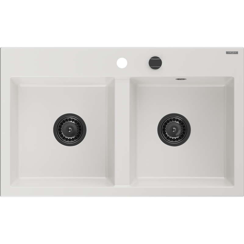 Mexen Hektor granitový dřez 2-komorový 800 x 480 mm, bílý, černý sifon - 6521802000-20-B