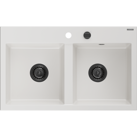 Mexen Hektor granitový dřez 2-komorový 800 x 480 mm, bílý, černý sifon - 6521802000-20-B