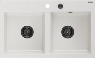 Mexen Hektor granitový dřez 2-komorový 800 x 480 mm, bílý, černý sifon - 6521802000-20-B