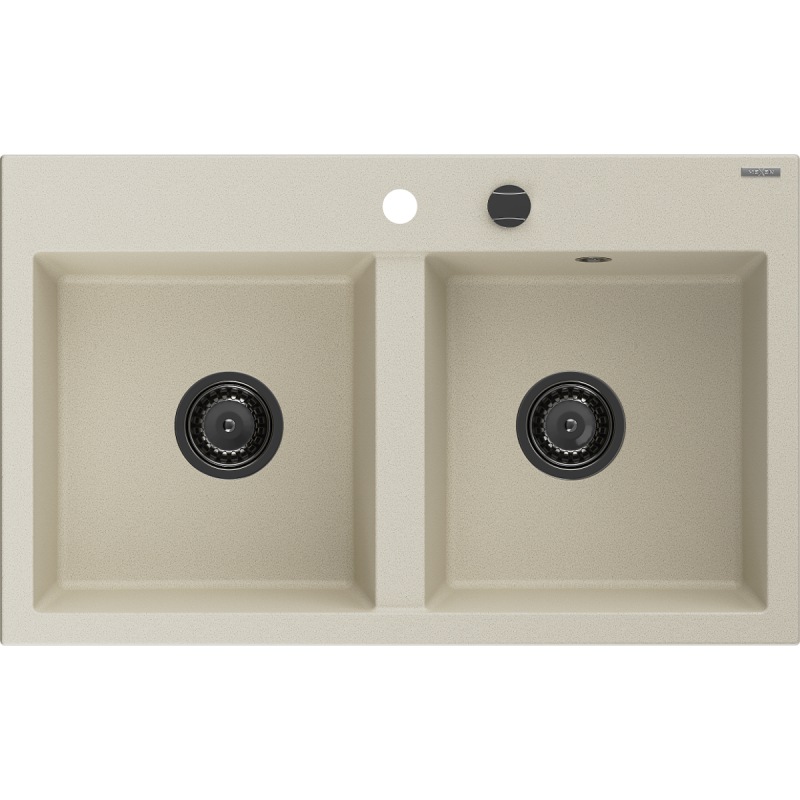 Mexen Hektor dvojkomorový žulový dřez 800 x 480 mm, béžový, černý sifon - 6521802000-69-B