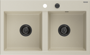 Mexen Hektor dvojkomorový žulový dřez 800 x 480 mm, béžový, černý sifon - 6521802000-69-B