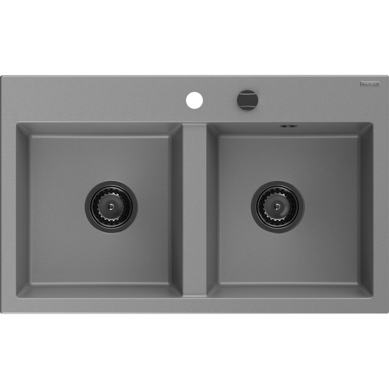 Mexen Hektor granitový dřez 2-komorový 800 x 480 mm, šedý, sifon černý - 6521802000-71-B