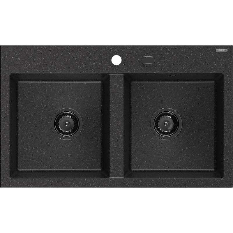 Mexen Hektor dřez žulový 2-komorový 800 x 480 mm, černý/stříbrný metalik, černý sifon - 6521802000-73-B