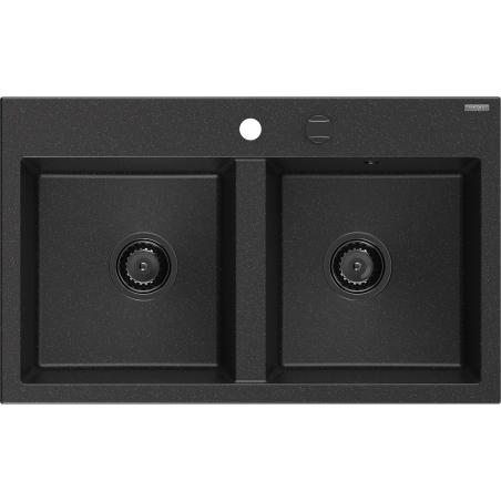 Mexen Hektor dřez žulový 2-komorový 800 x 480 mm, černý/stříbrný metalik, černý sifon - 6521802000-73-B