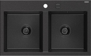 Mexen Hektor dřez žulový 2-komorový 800 x 480 mm, černý/stříbrný metalik, černý sifon - 6521802000-73-B